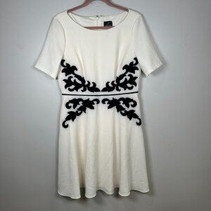 Adrianna Papell Crepe Fit & Flare Dress Cream Black Embroidered Midi Size 14